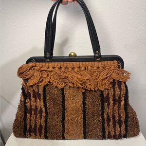 Vintage Fringe Carpet Bag Tapestry Hook Rug Brown and Black Striped Women's Bag